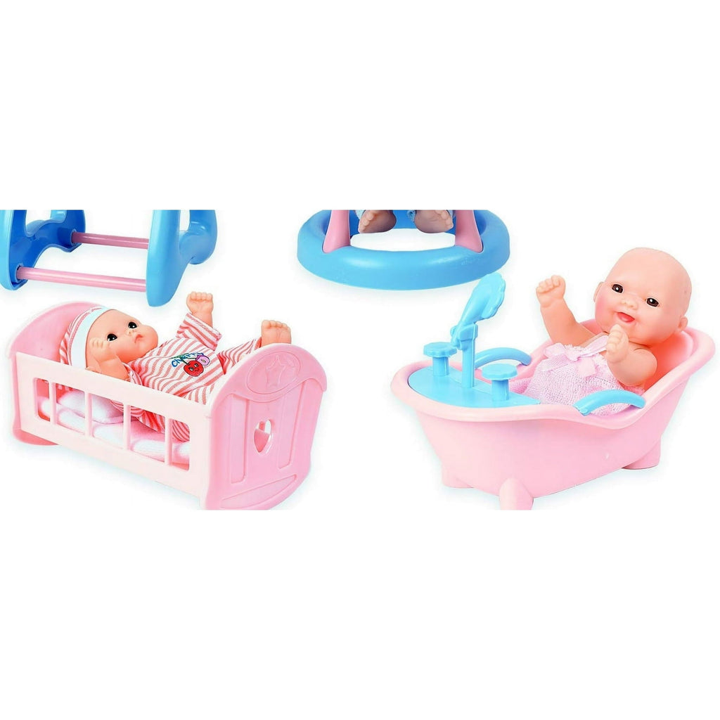 Set Of 6 Scary Baby Mini Dolls With Cradle, High Chair, Walker, Bathtub, Swing, And Baby Seat Scare
