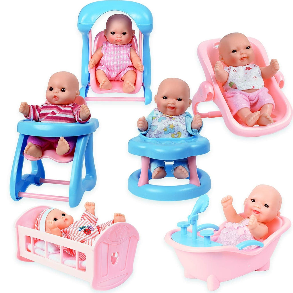 Set Of 6 Scary Baby Mini Dolls With Cradle, High Chair, Walker, Bathtub, Swing, And Baby Seat Scare