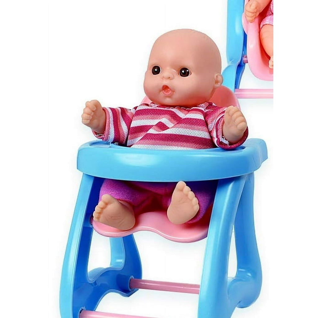 Set Of 6 Scary Baby Mini Dolls With Cradle, High Chair, Walker, Bathtub, Swing, And Baby Seat Scare